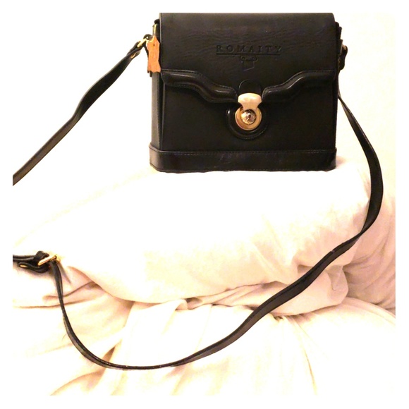 romaity Handbags - Black over the shoulder bag with gold accent